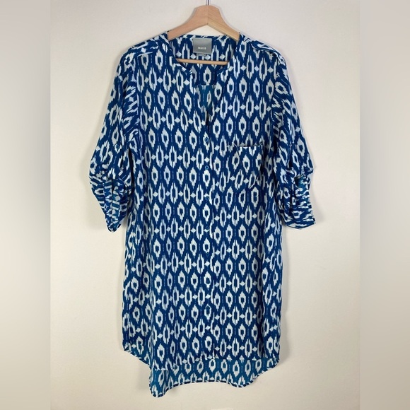 Anthropologie Maeve Ikat Print Dress Blue Roll Tab Sleeve Large - Picture 1 of 7